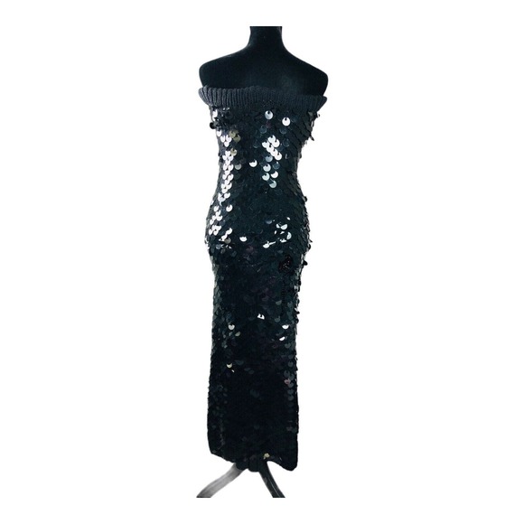 3958 Womens Black Wool Sequin All Over Tube Long Bodycon Sweater Dress S/M Party - Picture 3 of 7